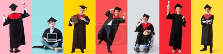 Photo for Collage of happy male graduating students on color background - Royalty Free Image