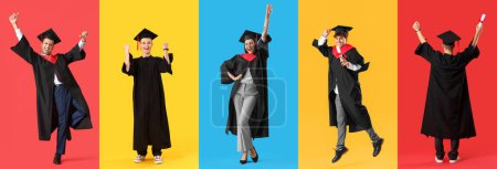 Photo for Collage of happy graduating students on color background - Royalty Free Image