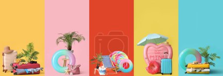 Collage de colchones inflables con anillos, maletas y accesorios de playa sobre fondo de color