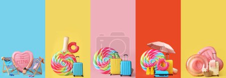 Conjunto de colchones inflables con anillos, maletas y accesorios de playa sobre fondo de color