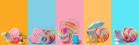 Conjunto de colchones inflables con anillos, maleta y accesorios de playa sobre fondo de color