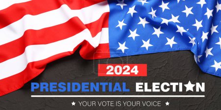 Flagge der USA und Text PRÄSIDENTIAL ELECTION 2024 auf schwarzem Hintergrund