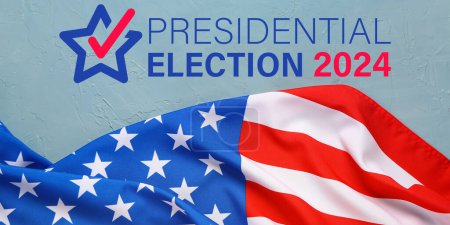 Flag of USA and text PRESIDENTIAL ELECTION 2024 on blue background