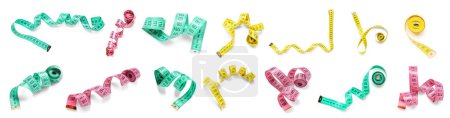 Collage of color measuring tapes on white background