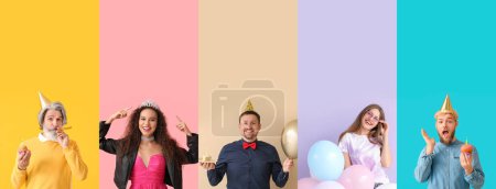 Téléchargez les photos : Collage de personnes célébrant l'anniversaire sur fond de couleur - en image libre de droit