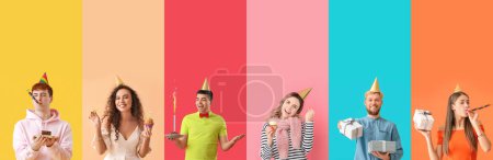 Téléchargez les photos : Collage de personnes heureuses célébrant l'anniversaire sur fond de couleur - en image libre de droit