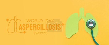 Paper lungs with stethoscope on yellow background. Banner for World Aspergillosis Day