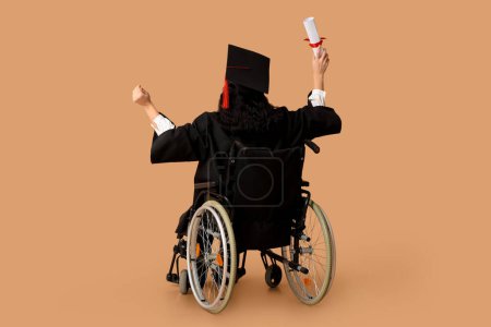 Beautiful female graduate student in wheelchair with graduation cap and diploma on brown background, back view
