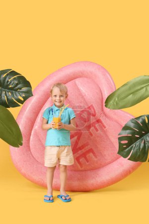 Cute little boy with cocktail, swim mattress and palm leaves on yellow background
