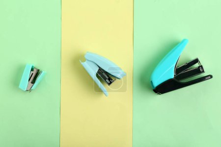 Blue staplers on color background