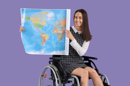 Female guide in wheelchair with world map on lilac background
