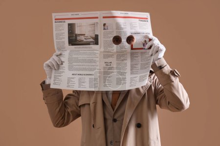 Téléchargez les photos : Homme espion tenant journal avec des trous sur fond brun - en image libre de droit