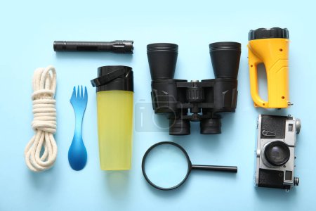 Photo for Set of travel items on blue background - Royalty Free Image