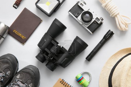 Photo for Composition with travel items and passport on white background - Royalty Free Image
