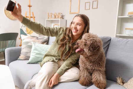 Téléchargez les photos : Jeune femme avec caniche mignon prendre selfie sur canapé à la maison - en image libre de droit