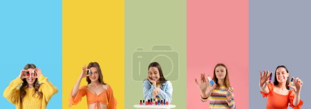 Téléchargez les photos : Ensemble de jeunes femmes avec vernis à ongles sur fond de couleur - en image libre de droit