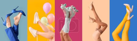 Téléchargez les photos : Collection de jambes féminines en talons hauts élégants et chaussures de sport sur fond de couleur - en image libre de droit