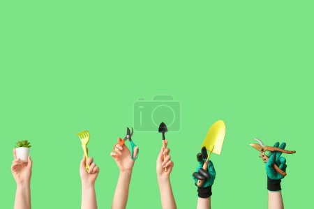Téléchargez les photos : Mains féminines avec différents outils de jardinage sur fond vert - en image libre de droit