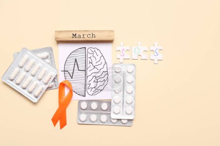 Drawing of brains with orange ribbon, pills and word MARCH on beige background. Multiple Sclerosis Awareness Month