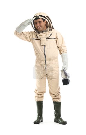 Male beekeeper with smoker on white background