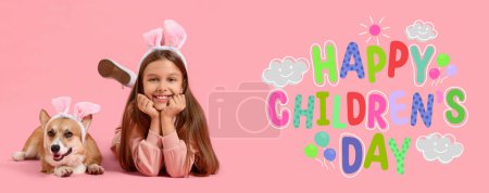 Photo for Little girl and cute dog wearing bunny ears on pink background. Banner for World Children's Day - Royalty Free Image