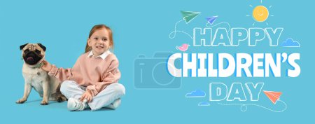Photo for Little girl with cute pug dog on light blue background. Banner for World Children's Day - Royalty Free Image