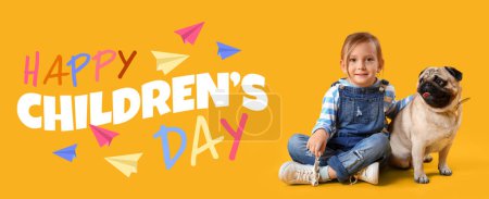 Photo for Little girl with cute pug dog on yellow background. Banner for World Children's Day - Royalty Free Image