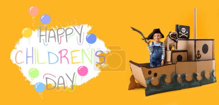 Little pirate with pug dog and cardboard ship on yellow background. Banner for World Children's Day