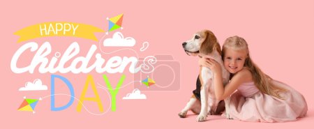 Photo for Cute little girl hugging Beagle dog on pink background. Banner for World Children's Day - Royalty Free Image