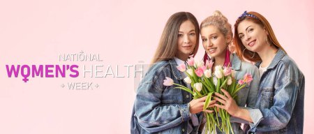 Banner für die Nationale Woche der Frauengesundheit mit einer Gruppe schöner Damen mit Blumen
