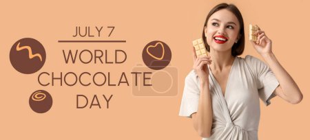 Schöne Frau mit süßer weißer Schokolade auf beigem Hintergrund. Weltschokoladentag