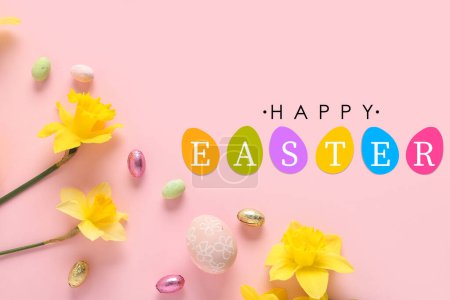 Photo for Beautiful Easter greeting card with flowers and chocolate eggs on pink background - Royalty Free Image