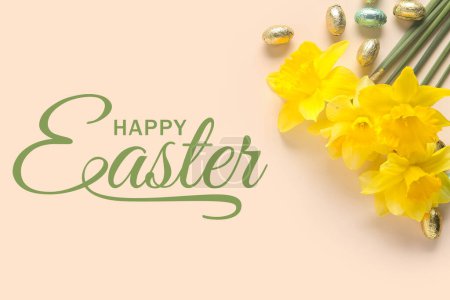 Photo for Beautiful Easter greeting card with flowers and chocolate eggs on beige background - Royalty Free Image