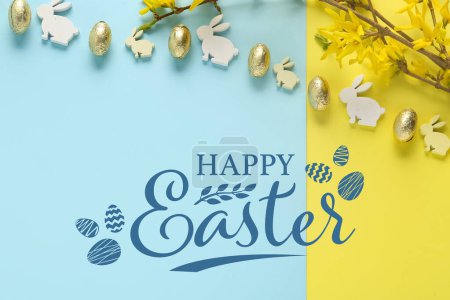 Photo for Beautiful Easter greeting card with bunnies, blooming branches and eggs - Royalty Free Image