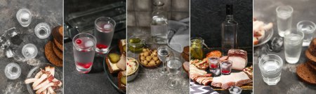 Collage aus kaltem Wodka und leckeren Snacks auf dunklem Grunge-Hintergrund