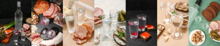 Collage of cold vodka and tasty snacks on table
