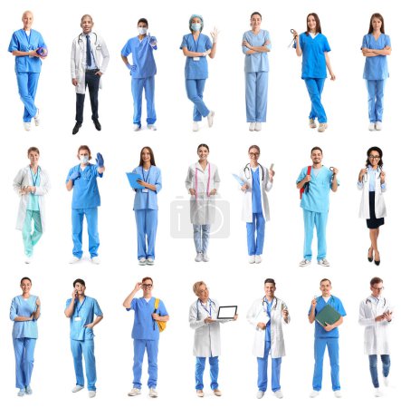 Set of many doctors on white background