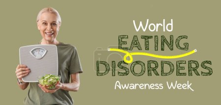 Mujer madura con escamas y ensalada sobre fondo de color. Banner para la Semana Mundial de la Concientización de los Trastornos Alimentarios