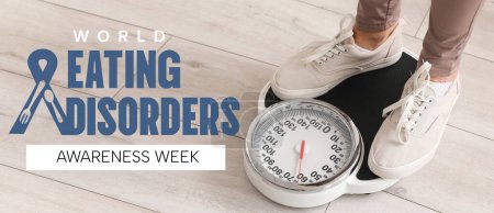 Woman standing on weight scales, closeup. Banner for World Eating Disorders Awareness Week