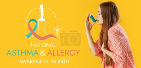 Young woman with inhaler on yellow background. Banner for National Asthma and Allergy Awareness Month