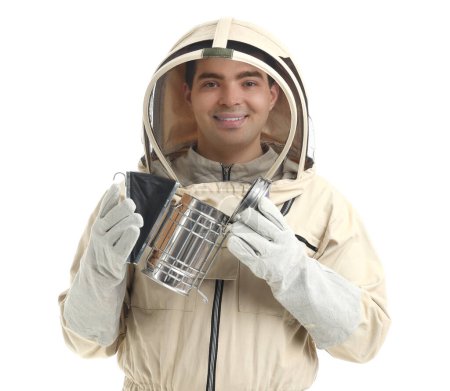 Male beekeeper with smoker on white background