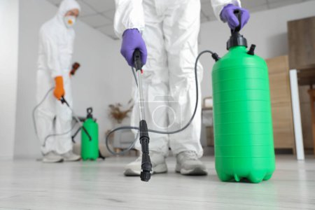 Foto de Trabajadores masculinos desinfectando el piso en la habitación, primer plano - Imagen libre de derechos