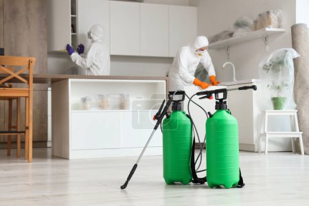 Foto de Cilindros desinfectantes en el suelo en la cocina, primer plano - Imagen libre de derechos