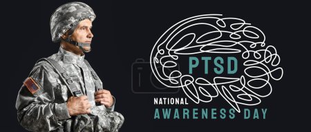 Mature male soldier on dark background. Banner for National PTSD Awareness Month