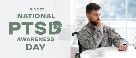 Thoughtful young soldier in wheelchair at table. Banner for National PTSD Awareness Month