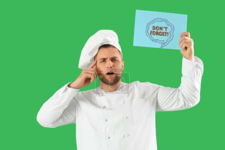 Thoughtful chef holding paper with text DON'T FORGET on green background