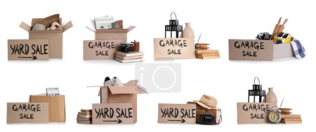 Téléchargez les photos : Collage de choses indésirables pour la vente de garage sur fond blanc - en image libre de droit