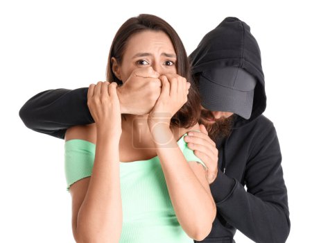 Bandit attacking scared young woman on white background