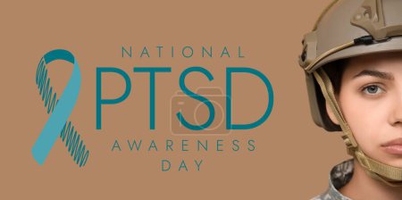 Female soldier on beige background. Banner for National PTSD Awareness Day