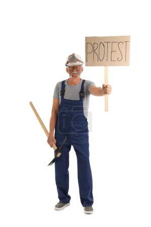 Protesting miner man with pick axe and placard on white background